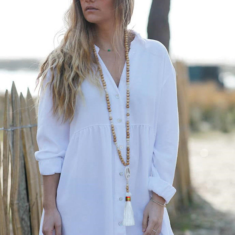 Wholesale Handmade Beaded Tassel Cross Love Turquoise Pendant Necklace